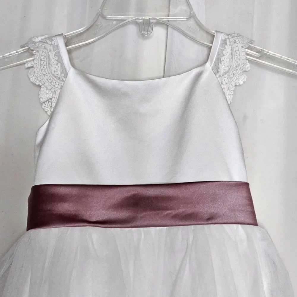 David's Bridal White Layered Tulle Back Bow Flower Girl Communion Party Dress - Picture 3 of 12
